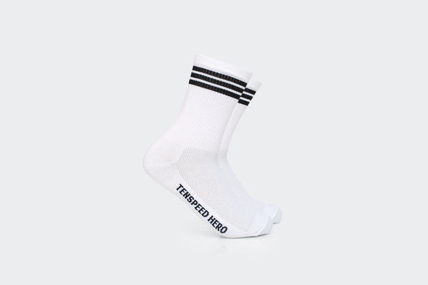 White 3-Striped Ribbed Crew Socks