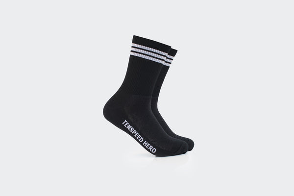 Black 3-Striped Ribbed Crew Socks
